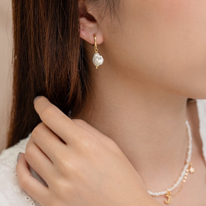 珍珠 耳环/耳夹 金色 - 纯净巴洛克珍珠耳扣耳环