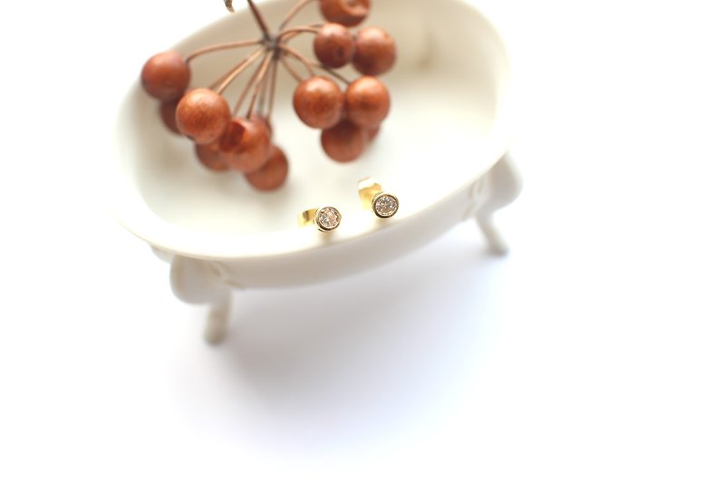 小点点-锆石黄铜耳环-针式 - 耳环/耳夹 - 其他金属 金色