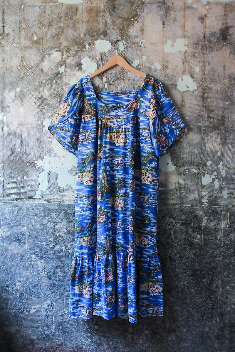袅袅百货公司-Vintage 蓝色系夏威夷图案花苞袖洋装 复古着 - 洋装/连衣裙 - 棉．麻 