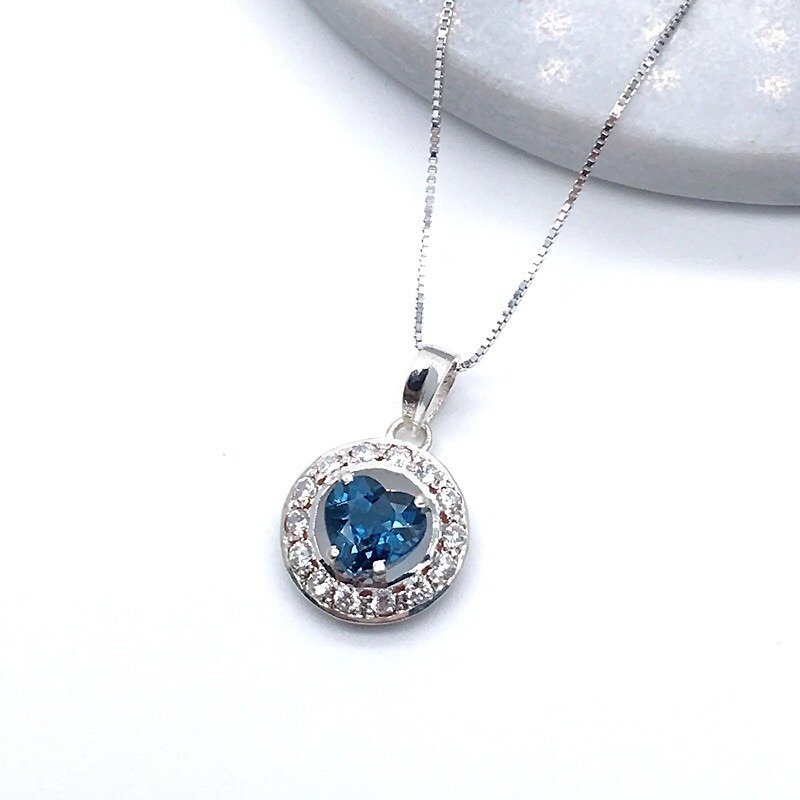 蓝托帕石925纯银心型宝石镶锆石项链 尼泊尔手工镶嵌制作 - 项链 - 宝石 蓝色