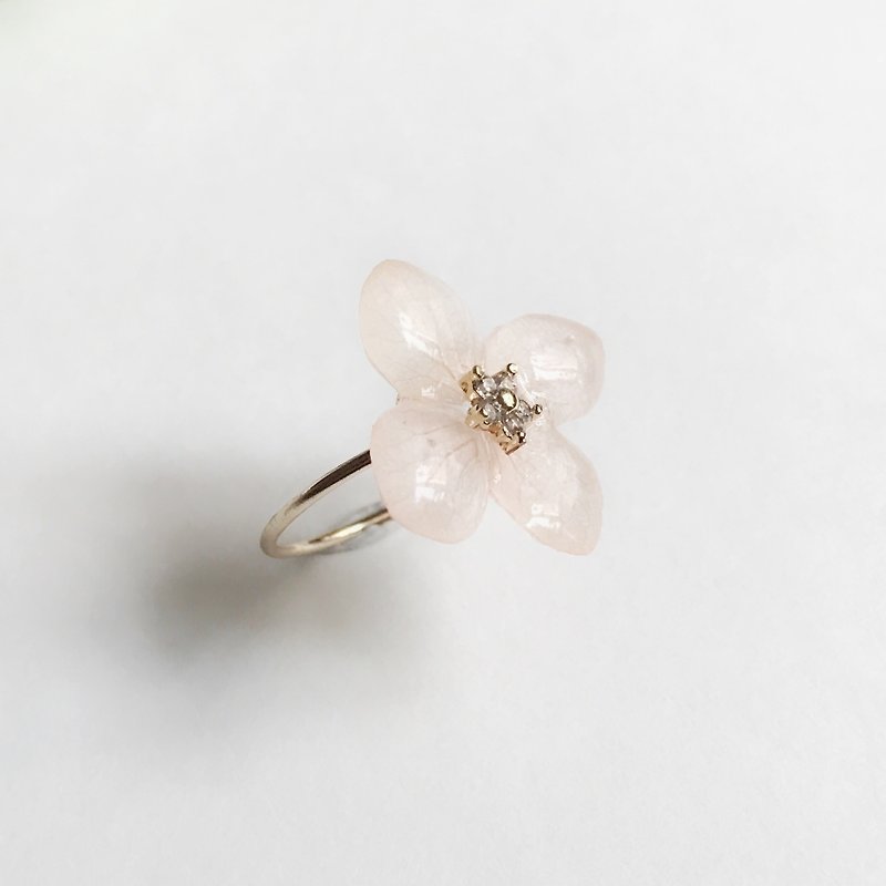 真花浅粉红色绣球花 立体真花珠宝戒指 镀银 - 戒指 - 植物．花 粉红色