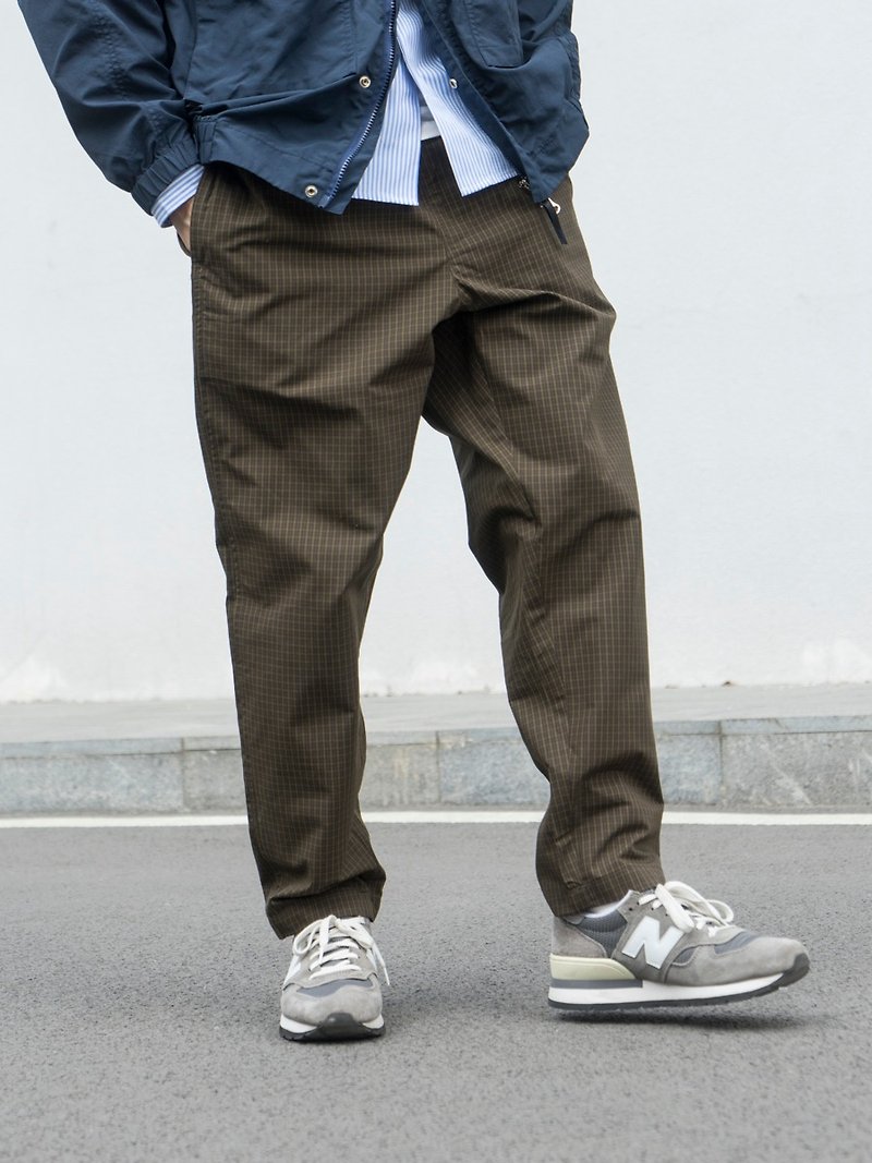日系潮流厨师裤 微锥形绑带格子休闲长裤 CHEF PANTS - 男士长裤 - 尼龙 咖啡色