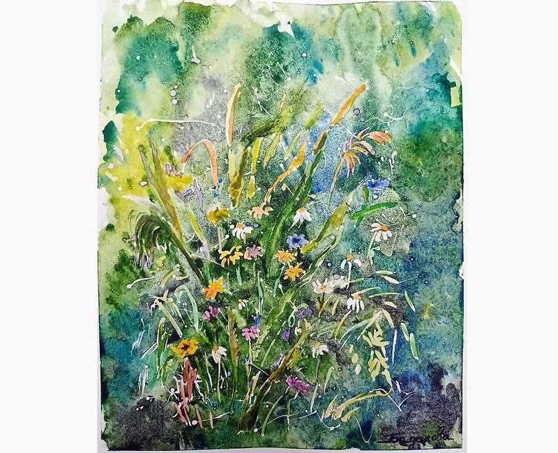 Meadow Flowers Watercolor Original Painting Daisies Watercolor Art - 海报/装饰画/版画 - 纸 绿色