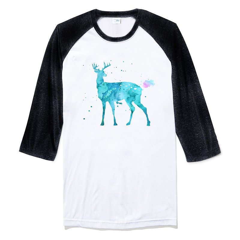 Splash Deer七分袖T恤 白黑色  麋鹿 彩色 水彩 插画 鹿 宇宙 设计 自创 品牌 银河系 时髦 圆 三角形 - 男装上衣/T 恤 - 棉．麻 白色