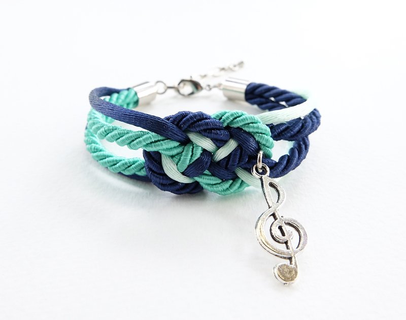 Mint/Navy blue nautical bracelet with silver music note charm - 手链/手环 - 其他材质 多色