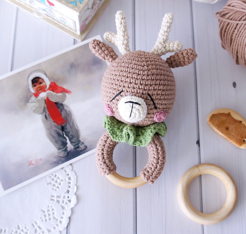 Deer Eco Rattle Toy, Kids First toy, Baby rattle toy, Christening Gift - 玩具/玩偶 - 棉．麻 卡其色