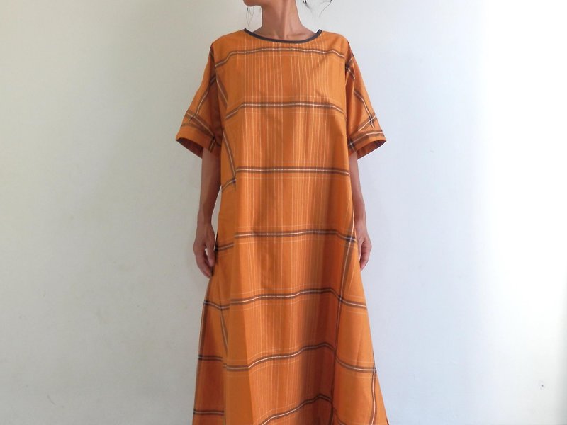 チェックのサロンで作ったワンピース/オレンジ - 洋装/连衣裙 - 棉．麻 