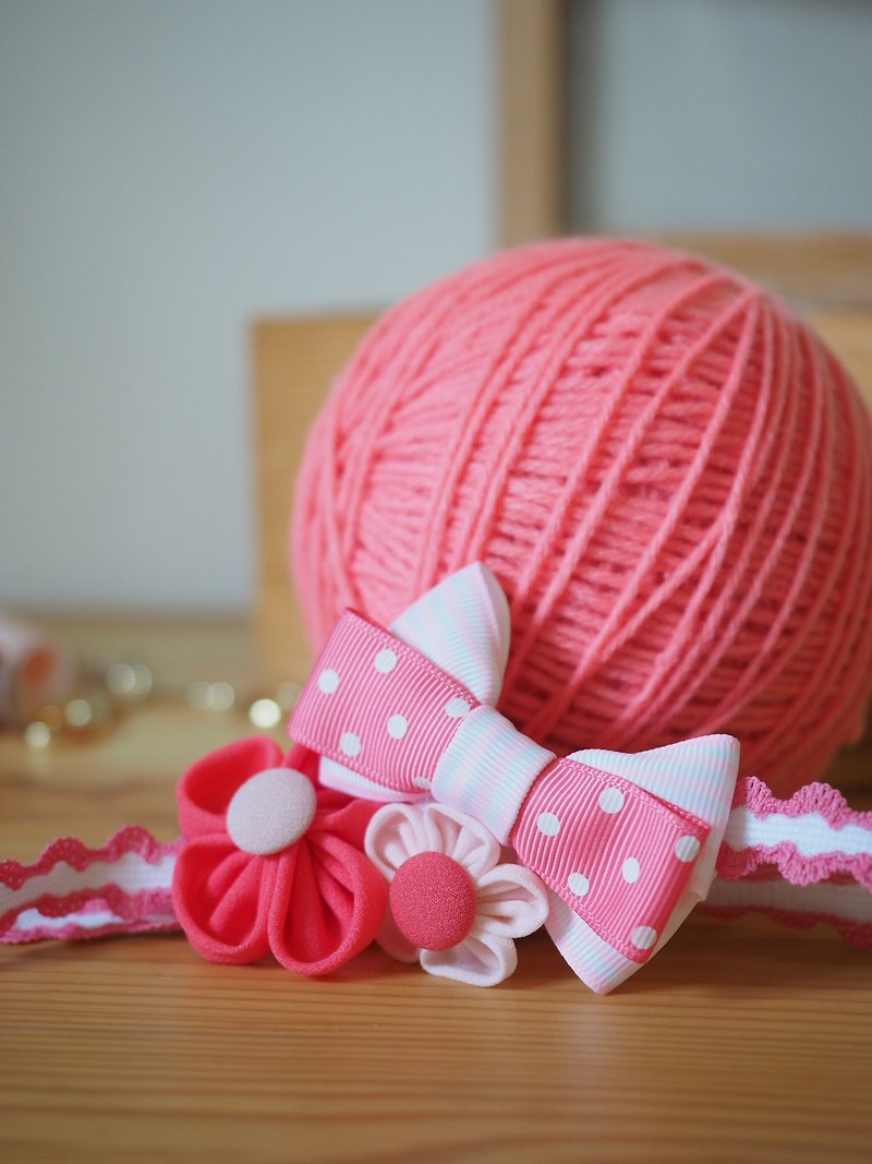 粉红蝴蝶结拼小花婴儿/小童弹性发带 适合百日宴弥月拍摄 - 婴儿帽/发带 - 棉．麻 粉红色