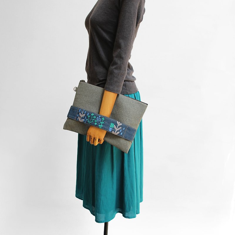 人造皮革 电脑包 灰色 - Rain shower embroidery, handbag