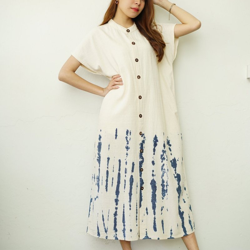 Mandarin Collar Rain - 靛蓝色扎染长连衣裙 - 洋装/连衣裙 - 棉．麻 白色