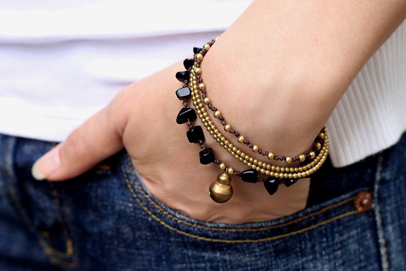 黑色玛瑙链条手链链条编织黄铜珠饰 - 手链/手环 - 石头 黑色