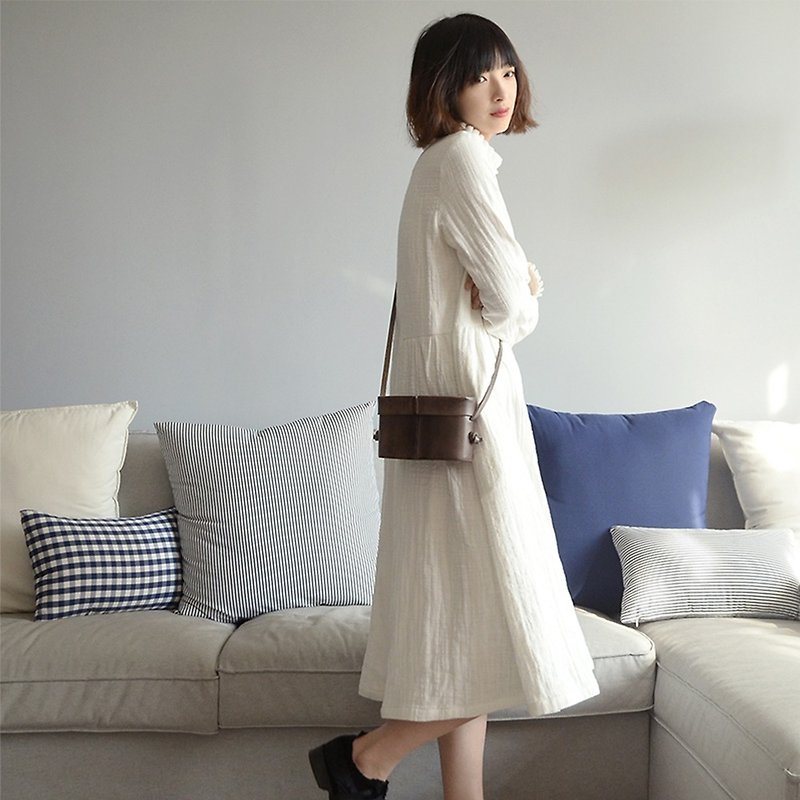 双层棉麻加厚抽褶连衣裙-白色|连衣裙|棉麻混纺+棉|独立品牌|Sora-99 - 洋装/连衣裙 - 棉．麻 白色