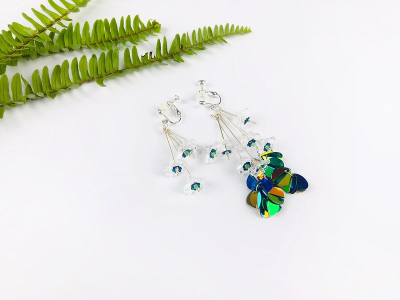 植物 珠片 繡花蕾純銀耳環耳夾 - 耳环/耳夹 - 贝壳 绿色