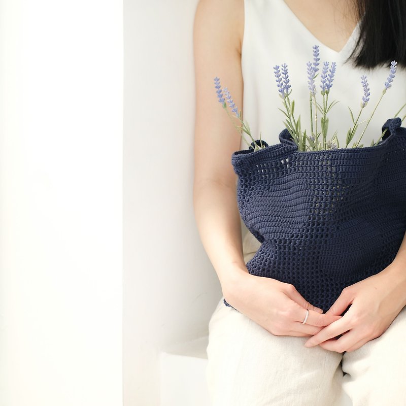 Crochet Polka Dot Tote Bag | Navy - 手提包/手提袋 - 其他材质 蓝色