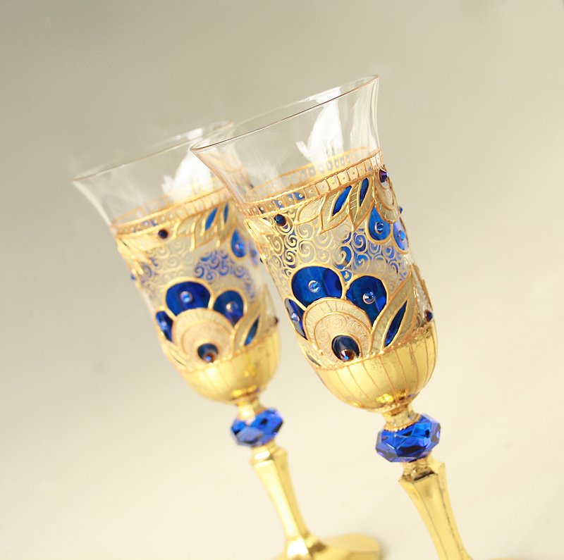 Royal Blue Gold Wedding Glasses Wine Champagne, Hand Painted set of 2 - 酒杯/酒器 - 玻璃 金色