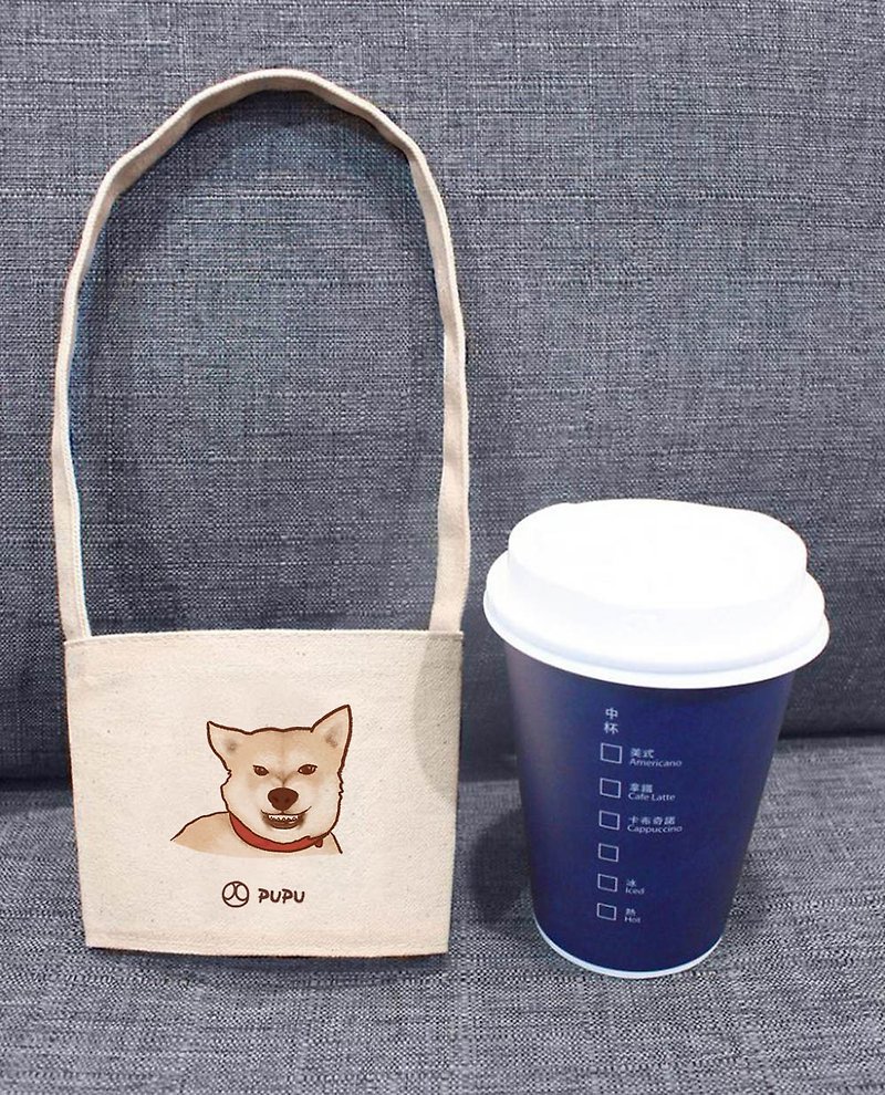 柴犬-凶凶(杯套)-台湾制棉麻布-文创柴犬-环保-饮料提袋-苍蝇星球 - 手提包/手提袋 - 棉．麻 白色