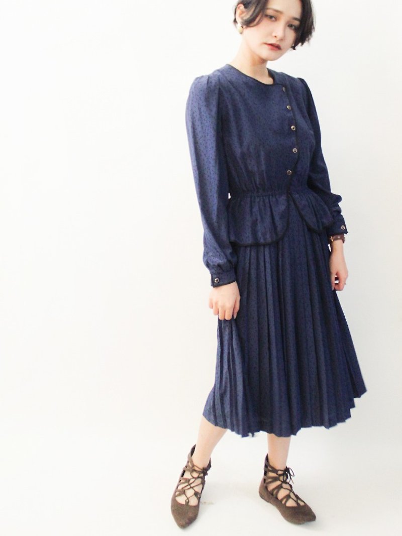 复古春夏日本制典雅大人感低调点点深蓝色长袖古着洋装 - 洋装/连衣裙 - 聚酯纤维 蓝色