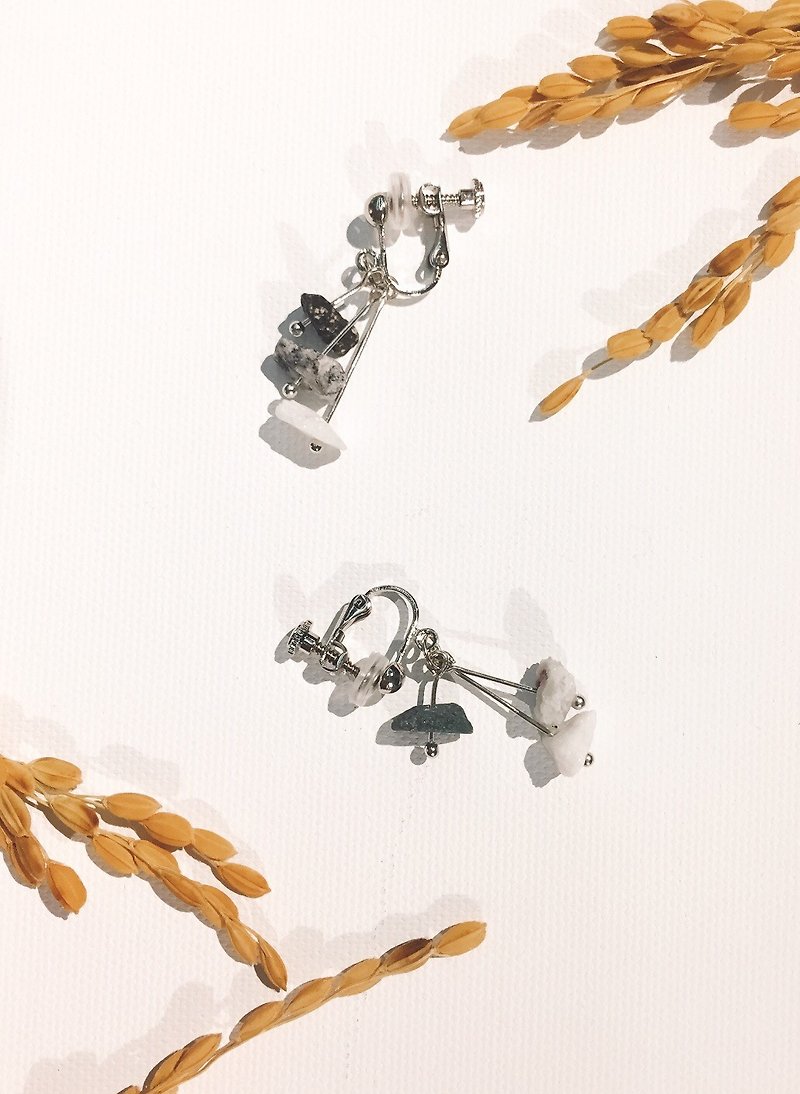 石穗-谷雨　天然大理石  独家设计手作夹式耳环 - 耳环/耳夹 - 石头 灰色