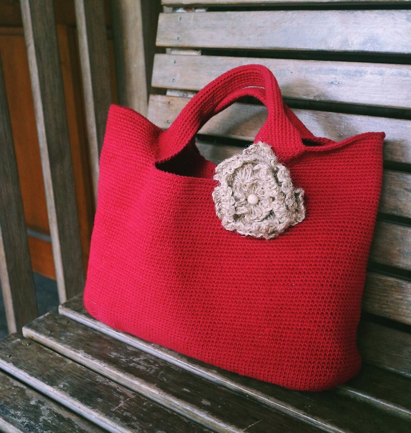手作-极致简约手提包-温暖手编织森林系棉绳包 - 手提包/手提袋 - 棉．麻 红色