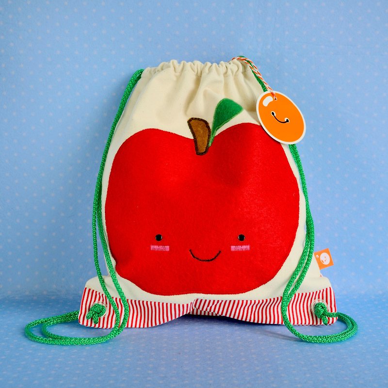 Little backsack with a big apple embroidery - Christmas gift - 后背包/双肩包 - 棉．麻 红色