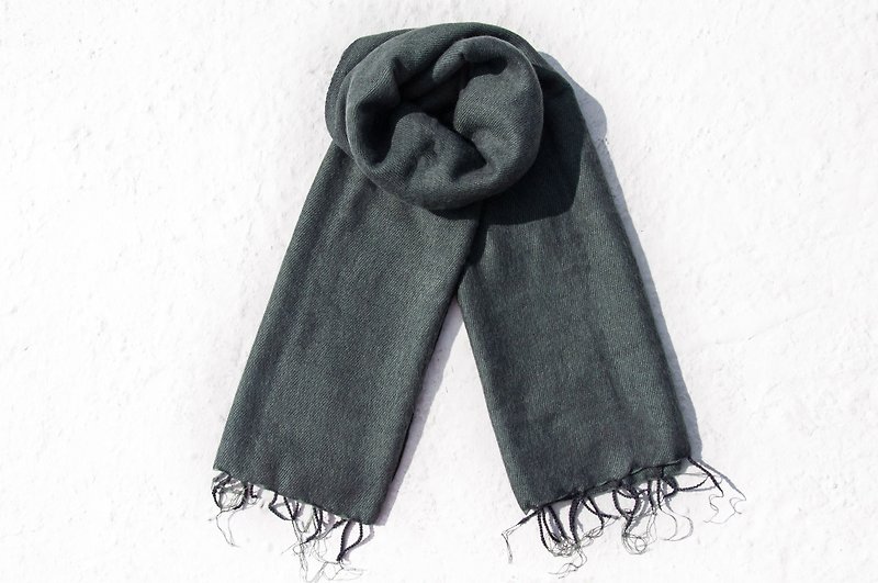 羊毛披巾/boho针织围巾/针织披巾/盖毯/纯羊毛围巾-简约深灰绿色 - 丝巾 - 羊毛 灰色