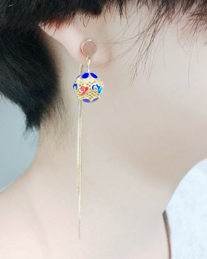 【可两穿戴】景泰蓝珠 配 金色长链耳托耳环 - 耳环/耳夹 - 其他金属 金色