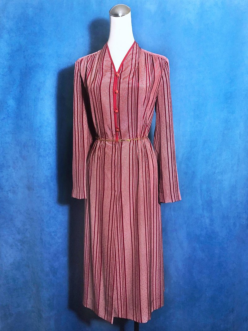条纹织纹长袖古着洋装/ 国外带回 VINTAGE - 洋装/连衣裙 - 聚酯纤维 红色