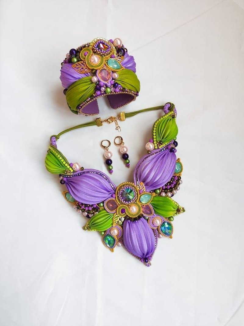 Shibori 紫绿色珠宝套装、刺绣索饰项链和手链 - 项链 - 其他材质 多色