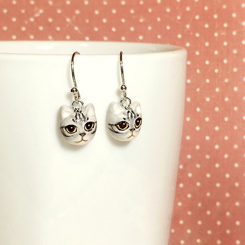 American shorthair Cat Earrings, Dangle & Drop Earrings, cat lover gifts - 耳环/耳夹 - 粘土 银色