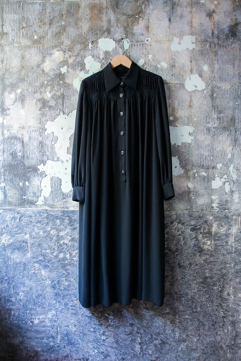 袅袅百货公司-Vintage 黑色优雅长袖洋装  复古着 - 洋装/连衣裙 - 聚酯纤维 