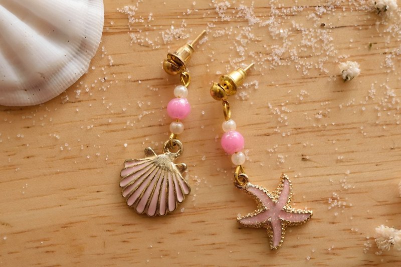 Cute & Beauty Adorable Pink Sea Shell Star Fish Dangle Earrings - 耳环/耳夹 - 其他材质 粉红色