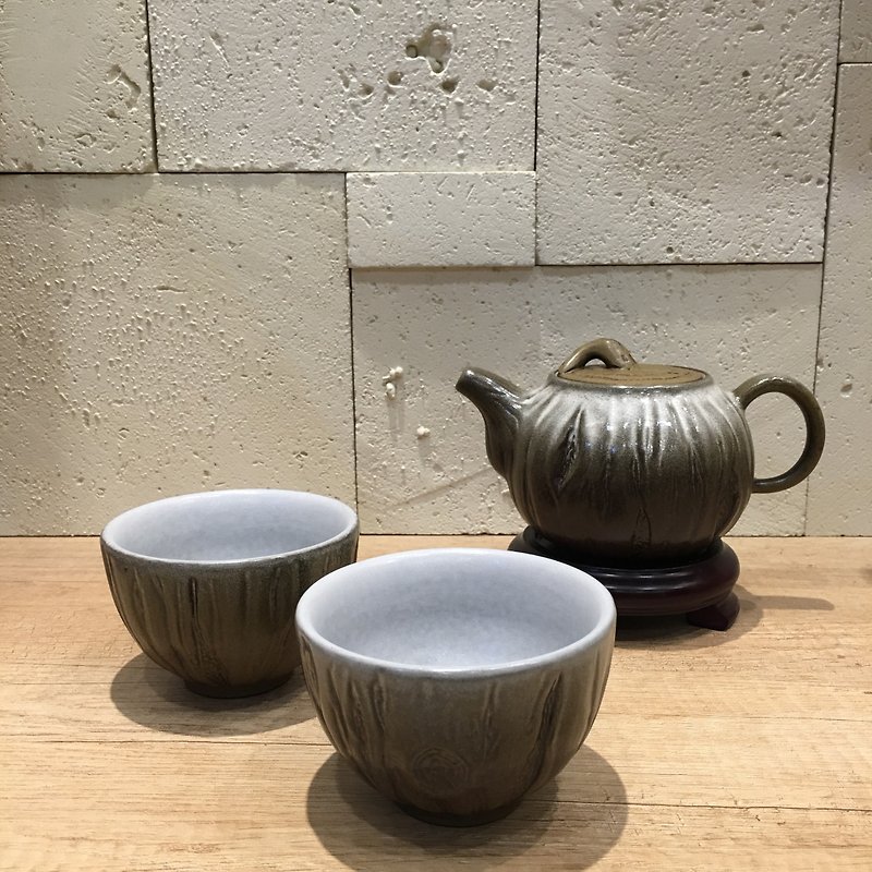 手雕树皮壶组 手作 双层茶杯 特殊技术 - 茶具/茶杯 - 陶 咖啡色