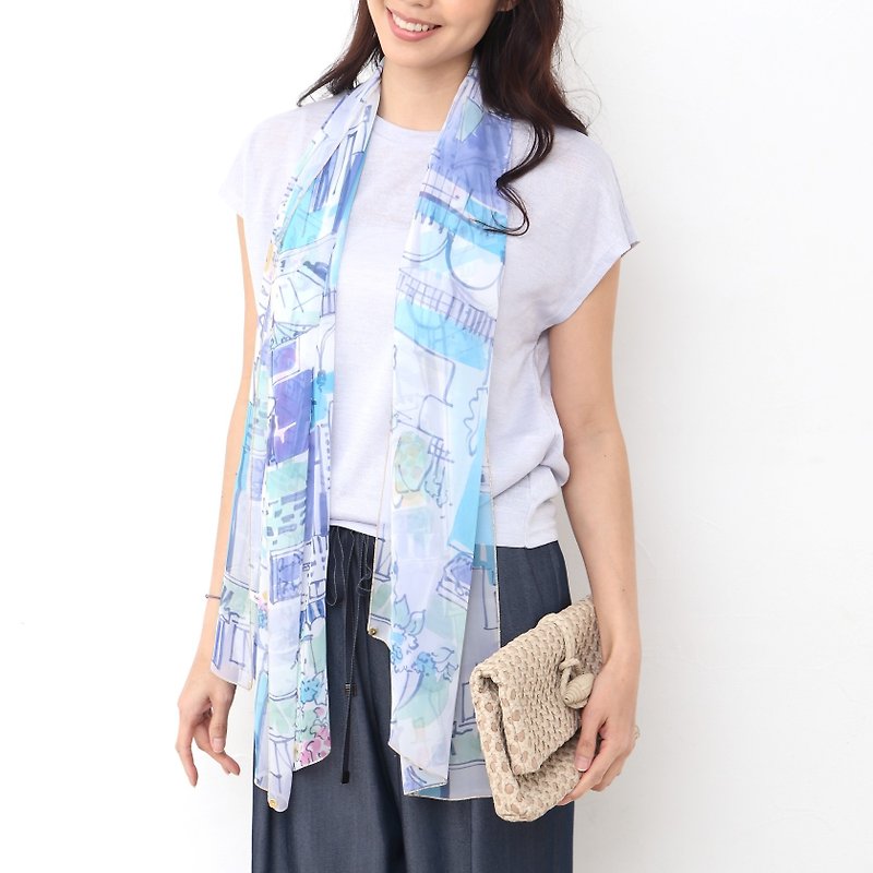 Ballett 街並み柄 シフォンスカーフ 日本製 ご家庭で洗濯可 ギフトにも最適 - 丝巾 - 聚酯纤维 蓝色