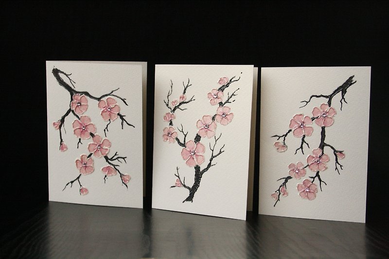 Hand-painted Greeting Cards, Postcards, Sakura Cards, Cherry Blossom, Set  of 3 - 名片夹/名片盒 - 纸 粉红色