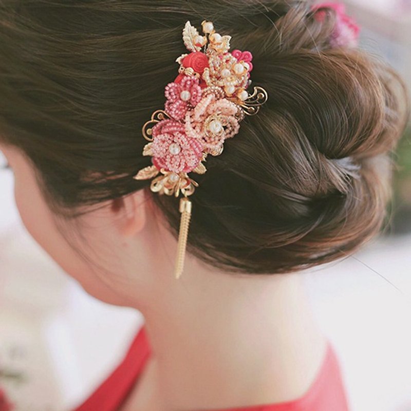 华丽新娘中式头饰 - 串珠花型款,中式头饰,新娘花饰,新娘饰物 - 发饰 - 宝石 粉红色