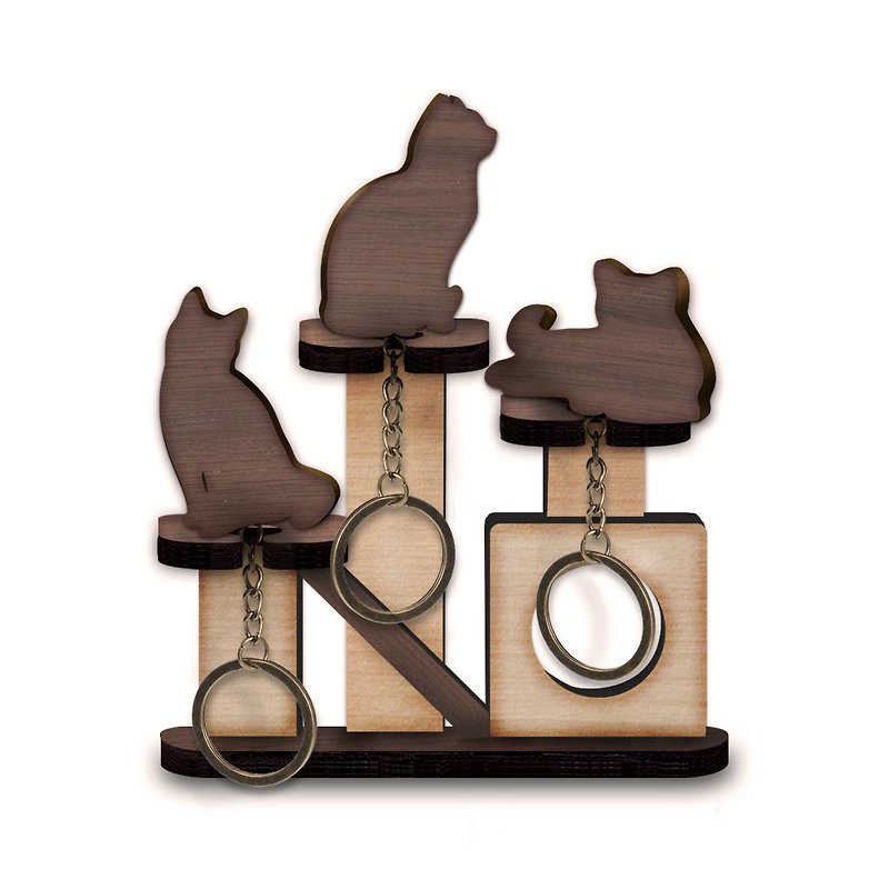 猫跳台木制钥匙圈挂架组 (三入款) - 摆饰 - 木头 咖啡色