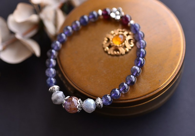 堇青石+紫钛晶+拉长石纯银花朵手链 - 手链/手环 - 水晶 紫色