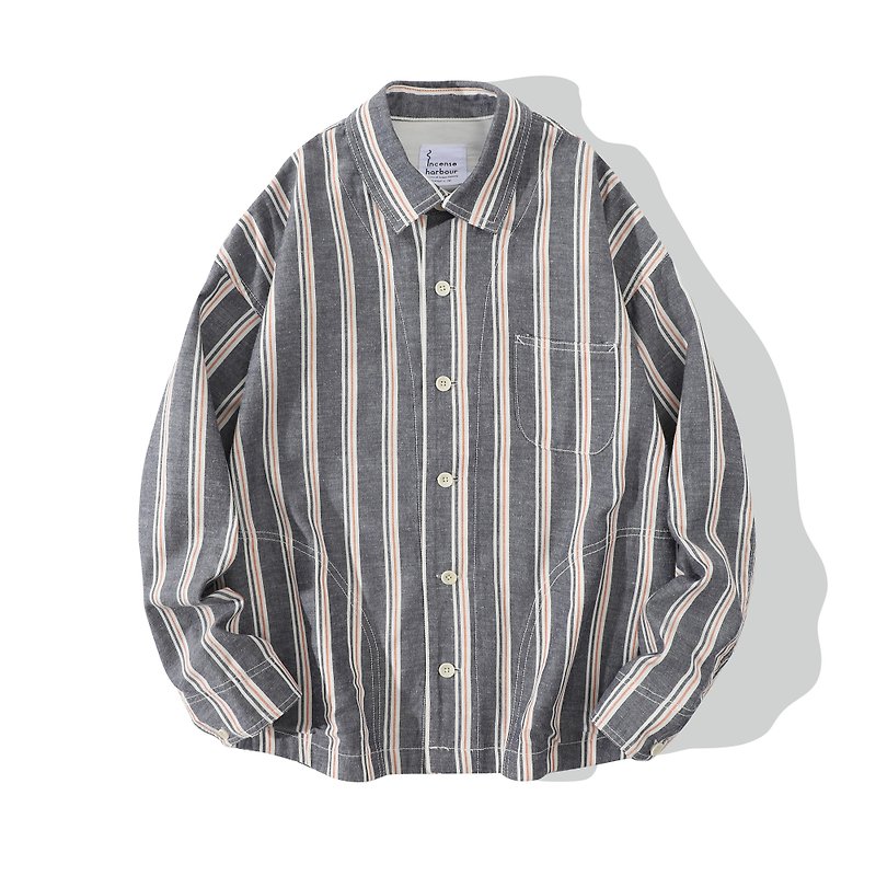 Incense Habour 日本布料 复古条件纹牛津灰 长袖恤衫 衬衫