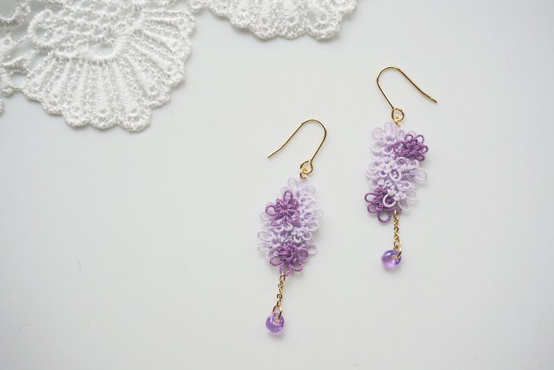 传统手工梭织蕾丝耳环 - 紫。针式/夹式 - 耳环/耳夹 - 棉．麻 紫色