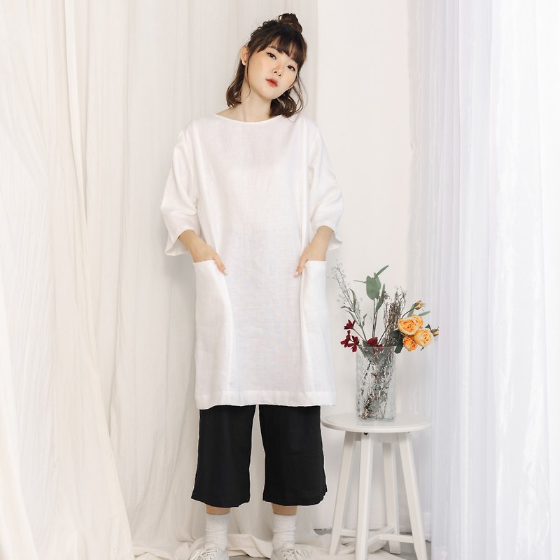 Oversize Linen 3/4 Sleeve Dress And Tunic - White - 女装上衣 - 亚麻 白色