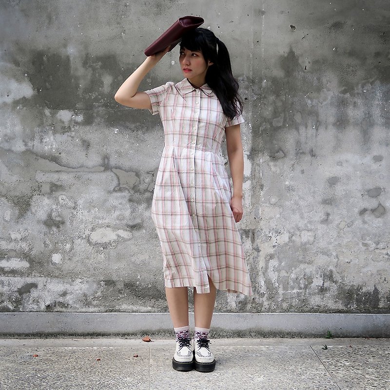 古着 日本系 粉红白 格子短袖洋装 - 洋装/连衣裙 - 棉．麻 卡其色