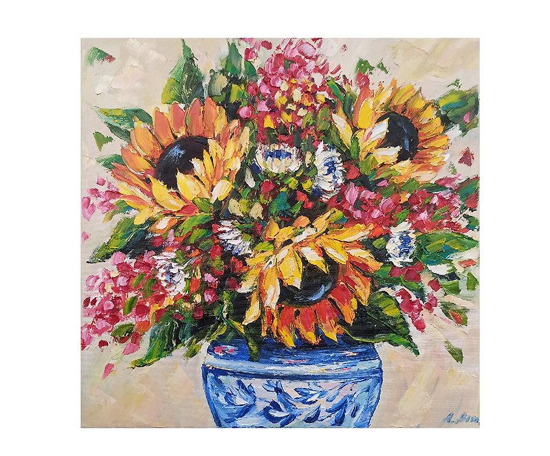 Sunflower oil painting flower original wall art canvas - 海报/装饰画/版画 - 亚麻 黄色