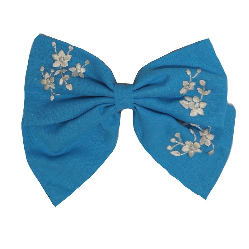 Hand-embroidered hair bow, blue, bright, Linen, flower lover design - 发饰 - 绣线 