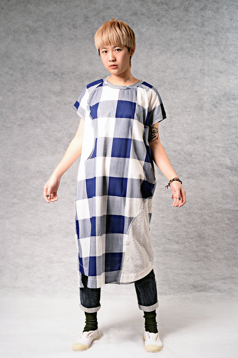 弧形几何色块拼接 清爽洋装 - 洋装/连衣裙 - 棉．麻 蓝色