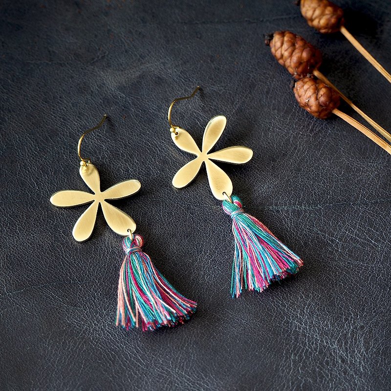 Flower with colorful tassel earrings (brass hand made) - 耳环/耳夹 - 铜/黄铜 多色