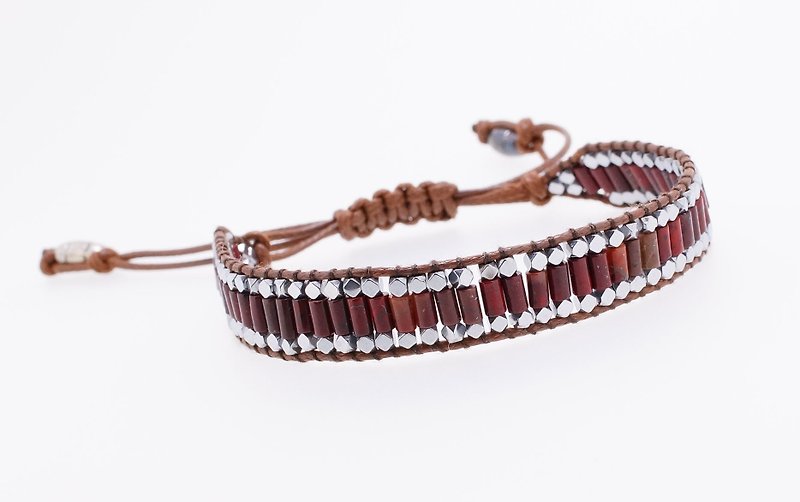 手织小柱管花红黑胆石拉绳手錬 ( Handmade Gems Bracelet ) - 手链/手环 - 宝石 红色