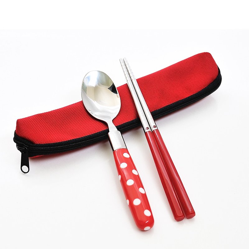 台湾第一筷。红色点点餐具组。小件筷匙组。拉链包 - 筷子/筷架 - 其他金属 红色