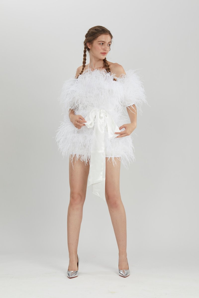 Christina white off the shoulder feathers mini dress for women - 洋装/连衣裙 - 羽绒 白色