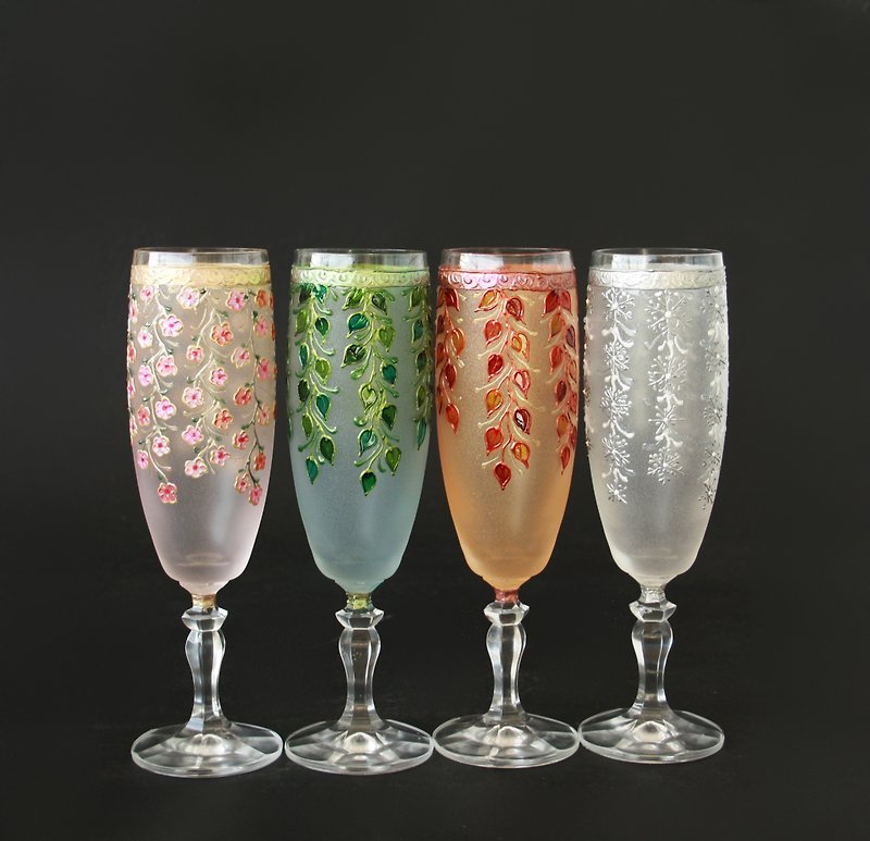 四个季节套装香槟杯手绘 - 酒杯/酒器 - 玻璃 多色