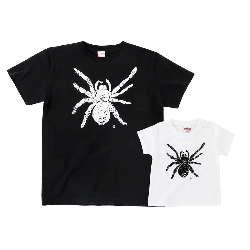 親子コーデ タランチュラ 蜘蛛 spider メンズ ベビーキッズ tシャツ ２枚セット Black White - 亲子装 - 棉．麻 黑色